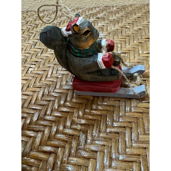 Handcrafted Wooden Squirrel On Sled Christmas Ornament - Picture 2 of 6